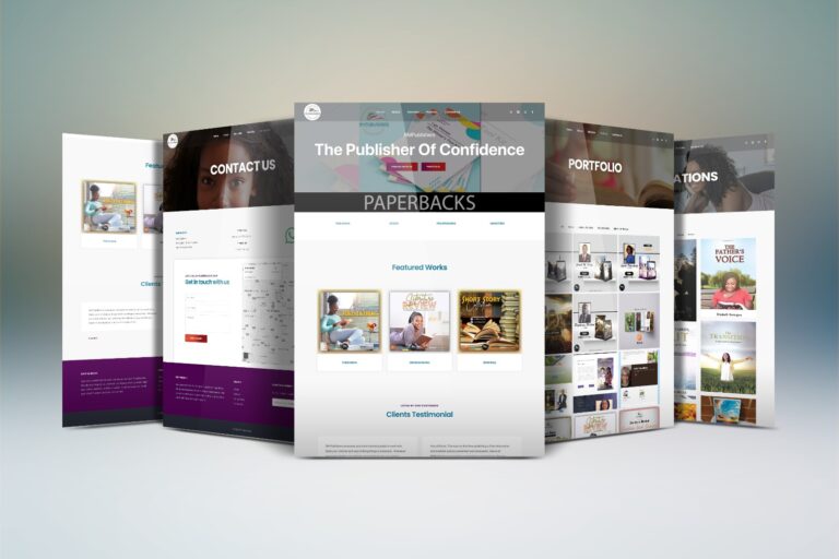 Website mockup for a publishing company showcasing homepage, portfolio, and publications